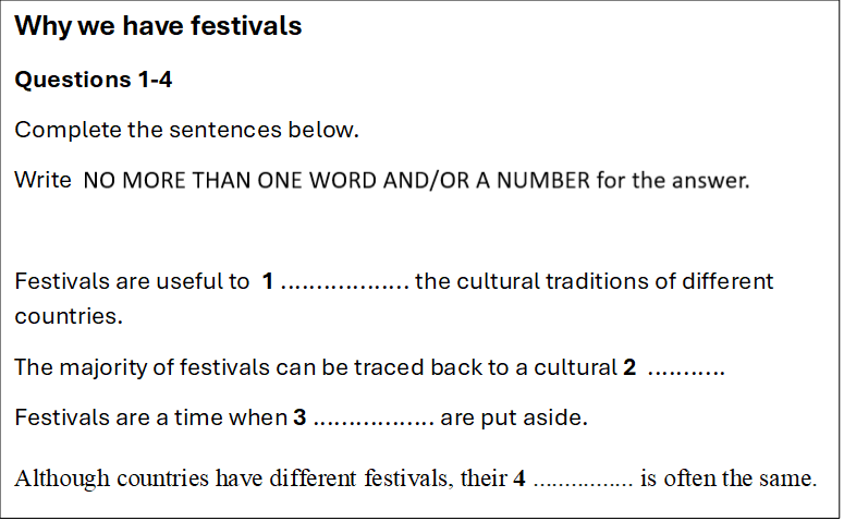 IELTS Listening Sentence Completion Questions Examples