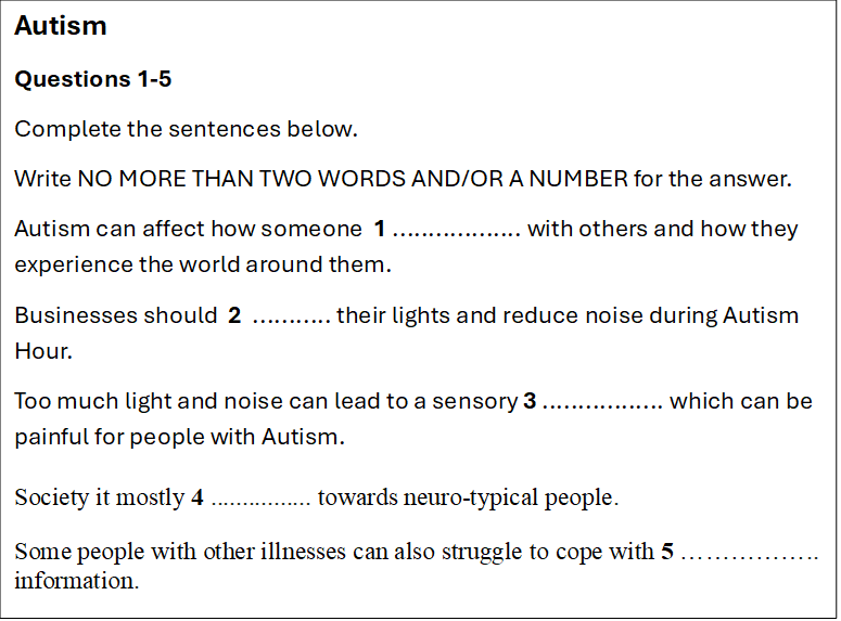 Sentence Completion for IELTS Listening Practice 1 Questions 1-5